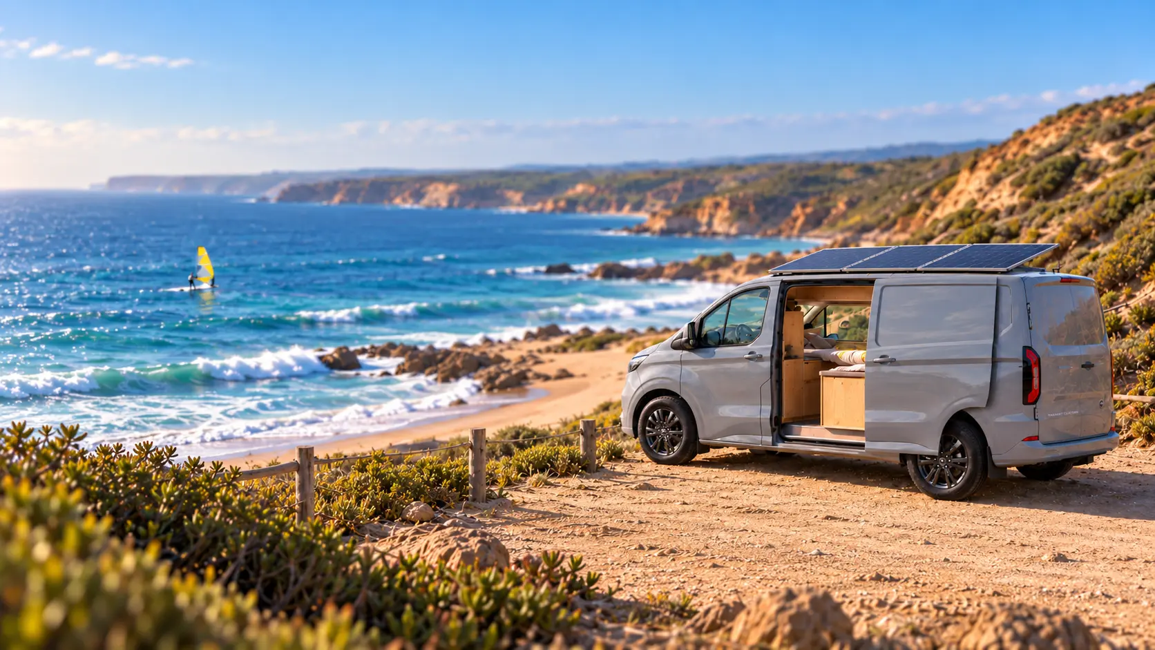 Visualisierung eines elektrischen Campers mit Solarpanels an einer Atlantikküste